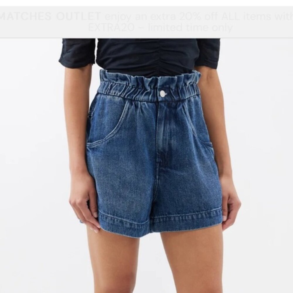 High-Waist Ruffled Paperbag Denim Shorts - Blue